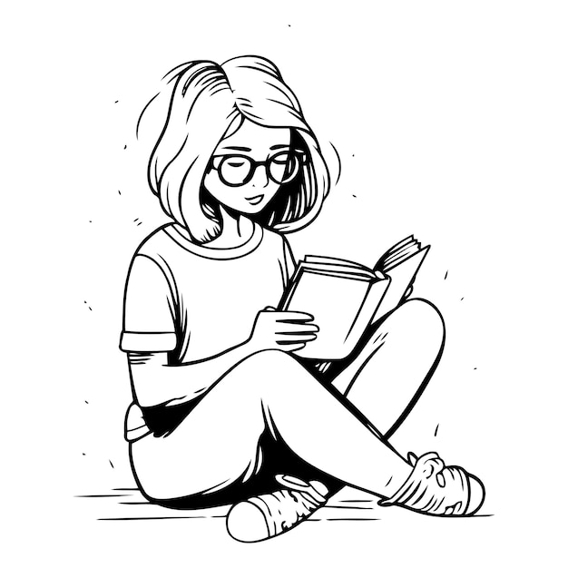 Vector illustration of a young woman reading a book sitting on the floor