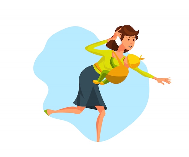 Vector Illustration Young Woman Run with Baby Boy