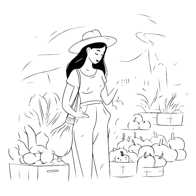 Vector illustration of a young woman shopping at the market with pumpkins