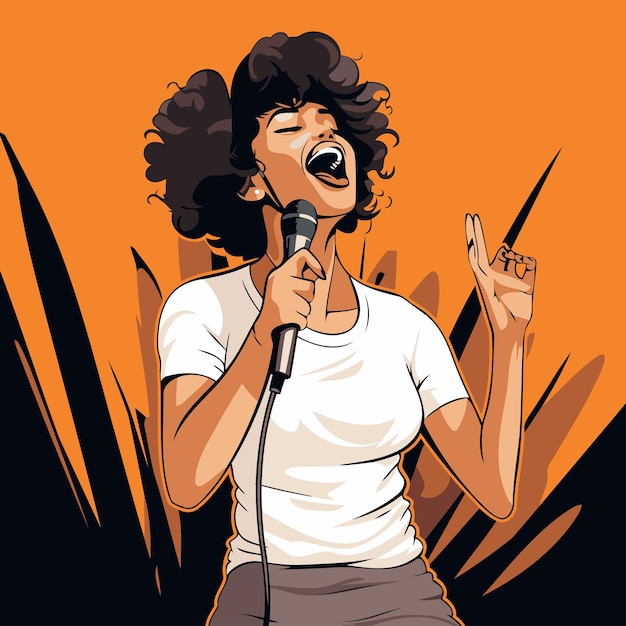 Vettore illustrazione vettoriale di una giovane donna che canta in un microfono su uno sfondo arancione