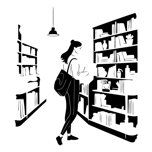 Vector vector illustration of a young woman standing in a library and reading books