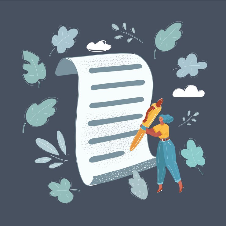 Vector vector illustration of young woman standing with her pen next to big paper on dark background