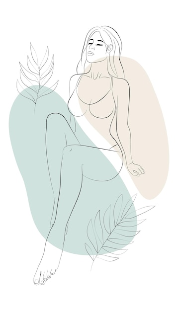 Vector illustration. Young woman in a swimsuit. Floral ornament and abstracts on the background.