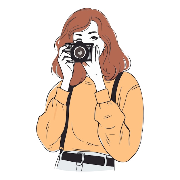ヴィンテージカメラで写真を撮っている若い女性のベクトルイラスト