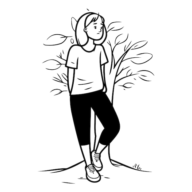 Vector illustration of a young woman walking in the park Cartoon style