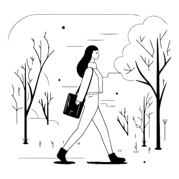 Vector illustration of a young woman walking in the park with a bag