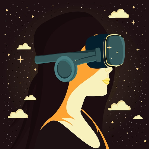 Vector Illustration Of Young Woman Wearing VR Box With Headphone On Brown Universe Clouds Background