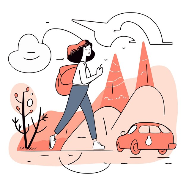 Vector vector illustration of a young woman with a backpack and a car on the road