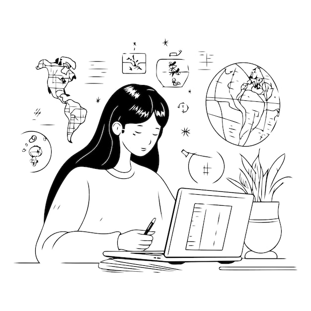 Vector illustration of a young woman working on a laptop at home