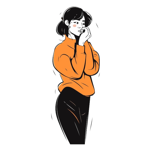 Vector vector illustration of a young woman in a yellow hoodie and black pants