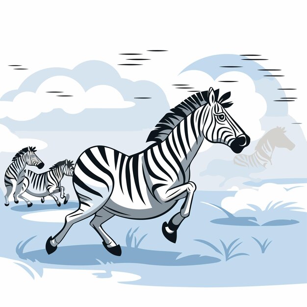 Vector vector illustration of a zebra running in the field with many zebras