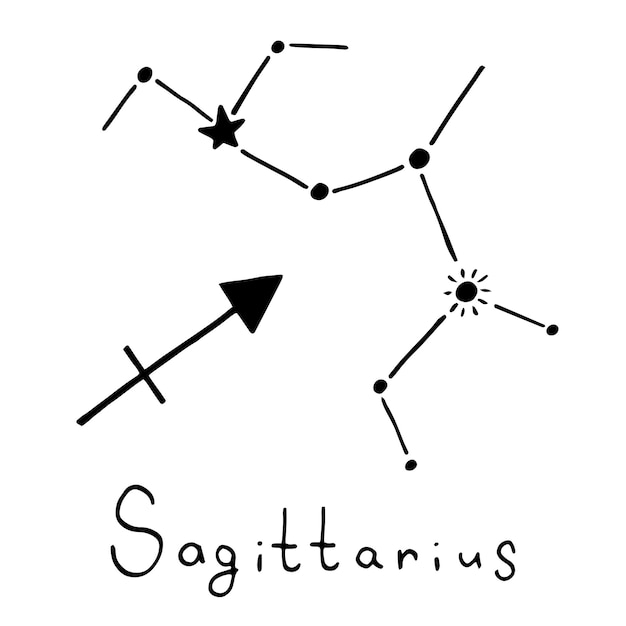 落書きスタイルの星座射手座のベクトル図天文学占星術空間占い秘教のデザインのための手描き要素