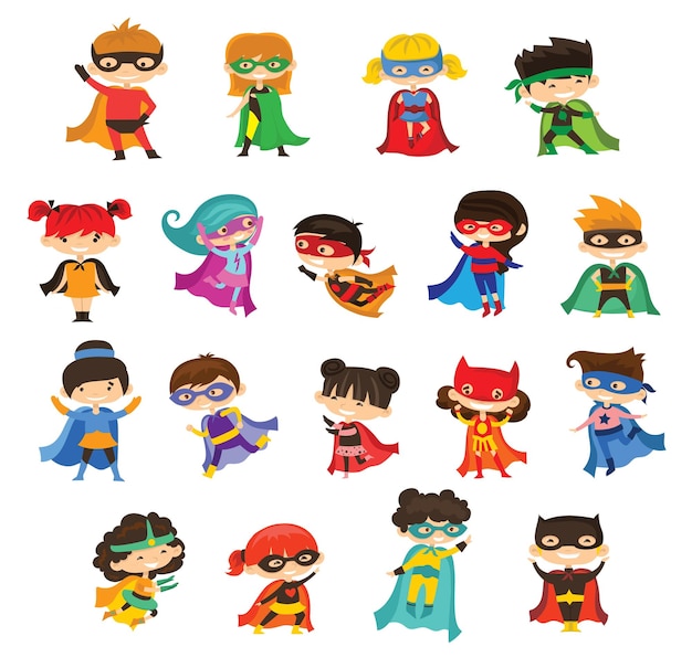 Vector illustrations of boy and girl children superheroes in funny comics costume