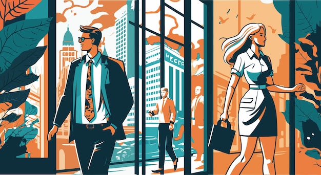 Vettore illustrazioni vettoriali per la finanza aziendale e il marketing uomo d'affari e donna d'affari che camminano per strada poster di copertina banner