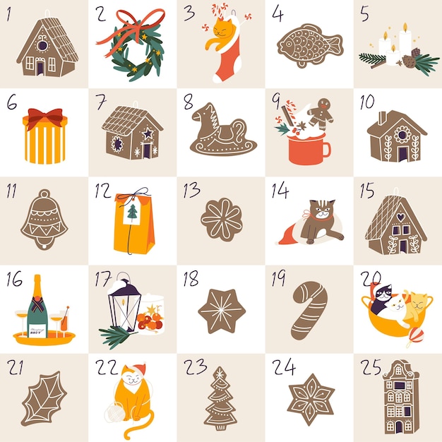 Illustrazioni vettoriali per il calendario dell'avvento di natale con elementi di auguri di stagione biscotti di pan di zenzero regali calzini di pino bevande calde gattino