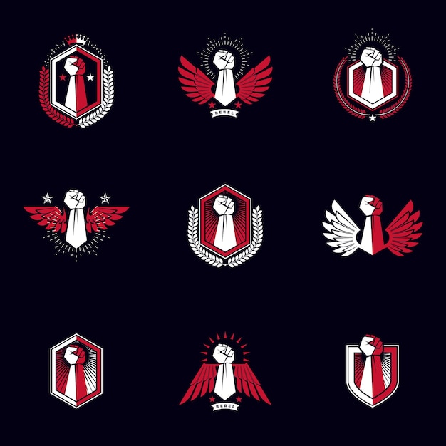 Vector illustrations collection made using raised fist of active strong person, eagle wings, laurel wreath and different graphic elements. Boxing association logos.