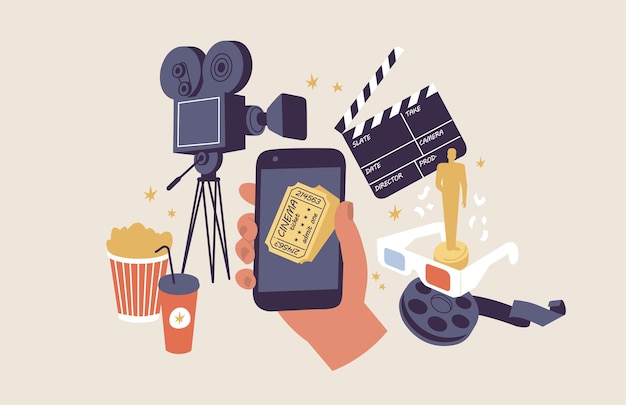 Vector illustrations concept of online cinema ticket order human hand holding a mobile phone with cinema ticket surrounded cinema items