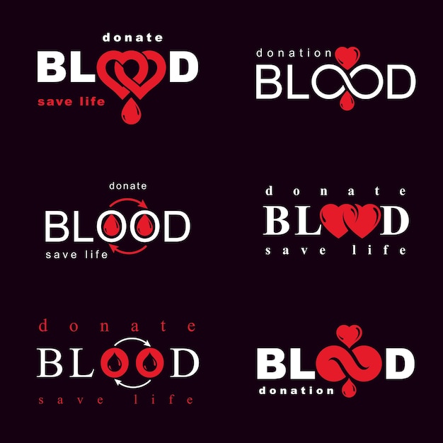 Vector illustrations created on blood donation theme, blood transfusion and circulation metaphor. Rehabilitation conceptual vector logotypes for use in pharmacology.