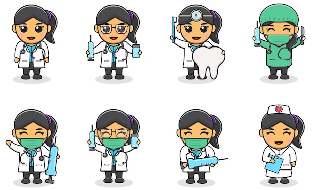 Vector illustrations of Cute Girl with doctor costume Adorable kids doctor set