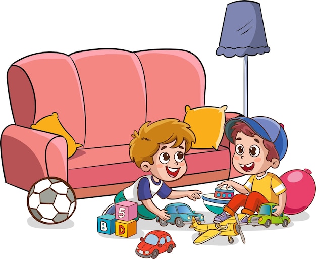 vector illustrations of cute kids playing in the room