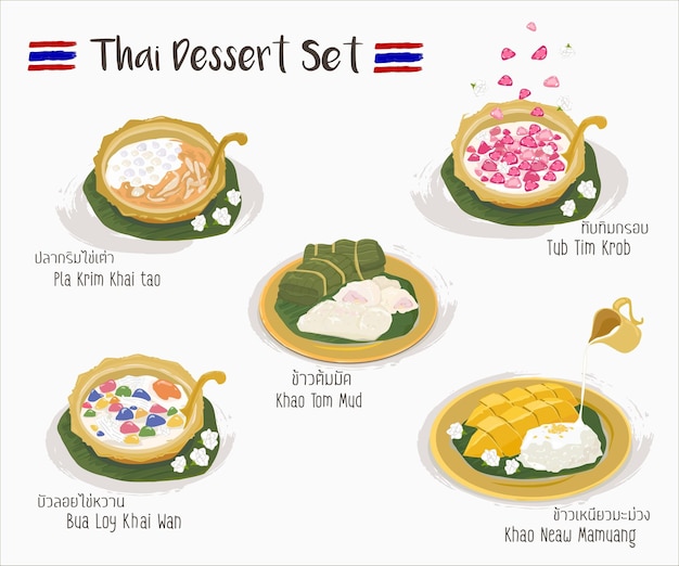 Векторные иллюстрации набора вкусных тайских десертов (Khanom Thai).