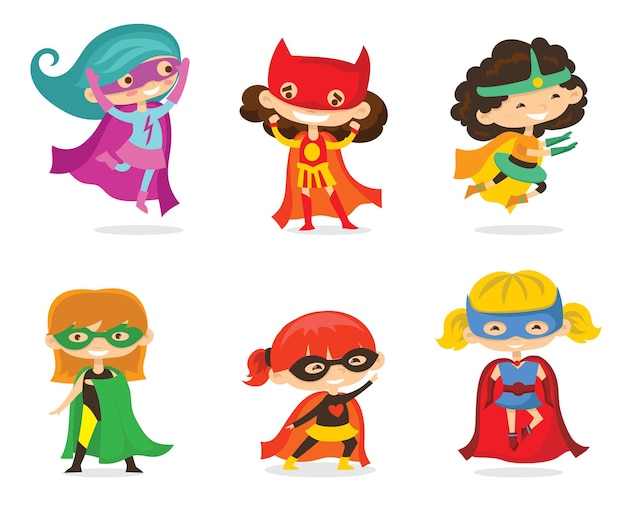 Vector vector illustrations in flat design of boy and girl children superheroes in funny comics costume