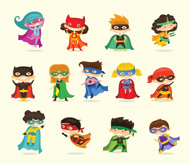 Vector vector illustrations in flat design of female and male kids superheroes in funny comics costume