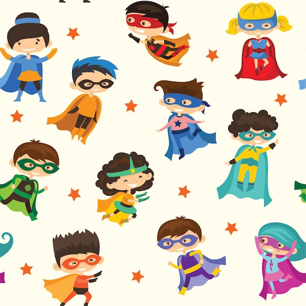 Vector vector illustrations in flat design of female and male kids superheroes in funny comics costume