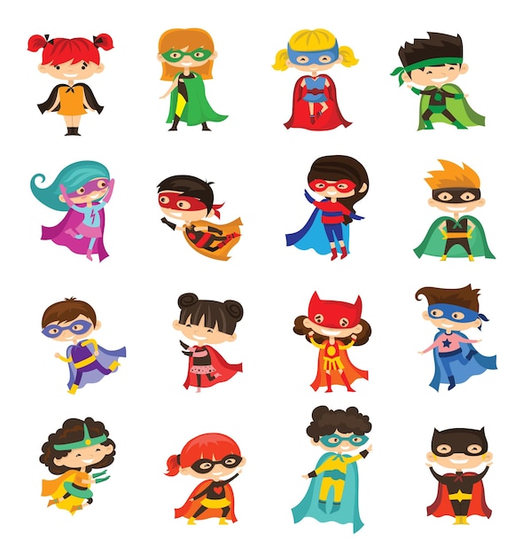 Vector vector illustrations in flat design of female and male kids superheroes in funny comics costume