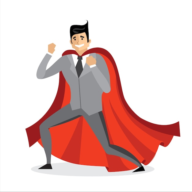 Vector illustrations in flat design of male business superhero in funny comics costume