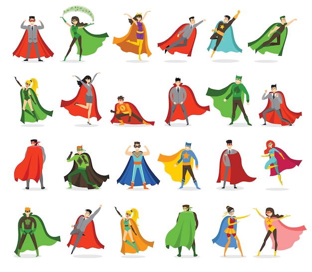 面白い漫画の衣装でo男性と女性のスーパーヒーローのセットのフラットなデザインのベクトルイラスト