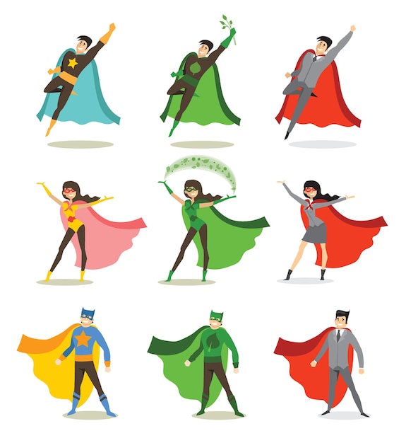 Vector vector illustrations in flat design of set of o men and women superheros in funny comics costume