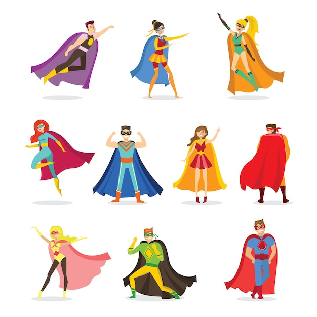 面白い漫画の衣装で女性と男性のスーパーヒーローのフラットデザインのベクトルイラスト