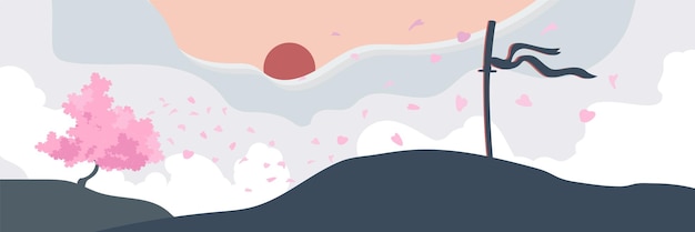 Векторные иллюстрации Япония меч Сакура деревья солнце наклейки логотип значок флаер или другие дизайнерские работы