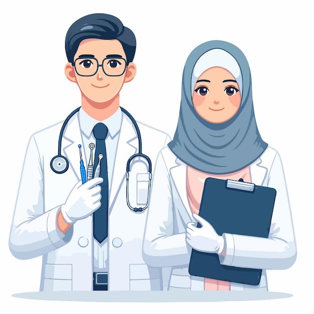 Vector illustrations of a male and female doktor muslim flat design