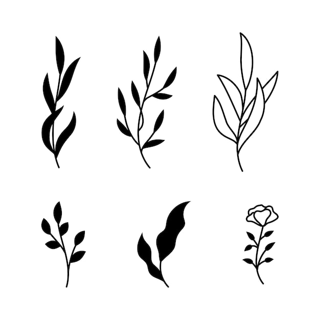 가지와 잎의 벡터 일러스트 손으로 그린 검은 꽃 요소 빈티지 식물 디자인