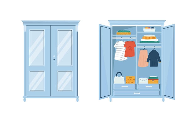 Vector vector illustrations of an open wardrobe with well organised tidy clothes inside and closed one