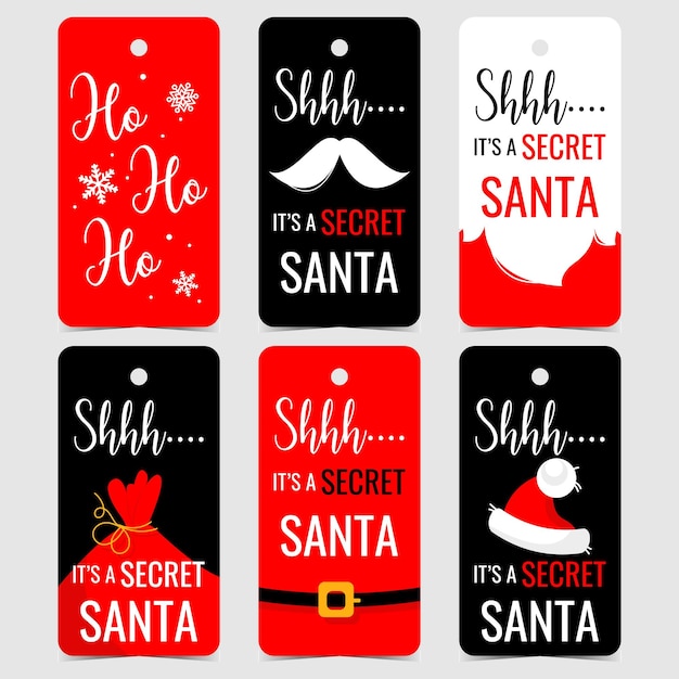 Vector illustrations of Secret Santa labels and tags in red and black colours.