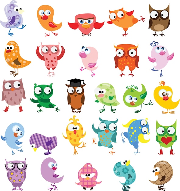 Vector vector illustrations set of cute different birds in the simple style