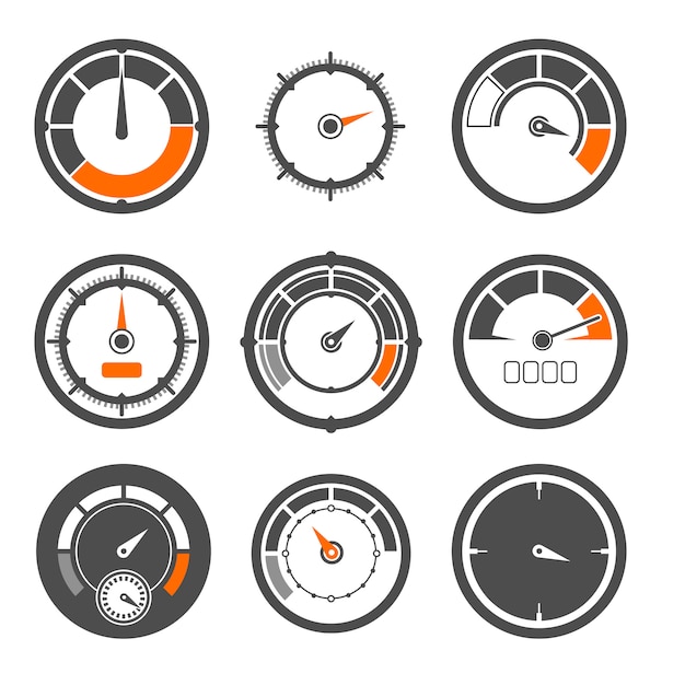 Vector illustrations set of different speedometers. Miles and speed indicators. Speedometer indicator measurement, equipment control speed