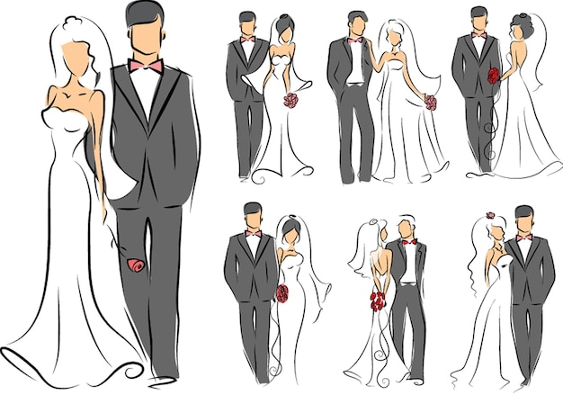 Illustrazioni vettoriali schizzo di sposi per invito biglietto di auguri design tshirt stampa poster di ispirazione