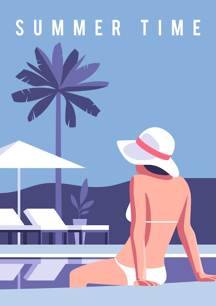 Vector illustrations on the theme of season vacation travel or party girl relaxing by the pool