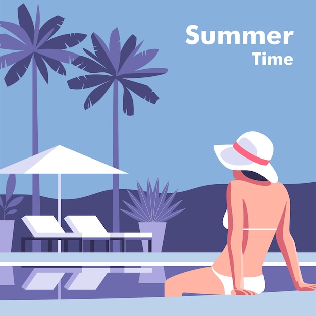 Vector illustrations on the theme of season vacation travel or party Girl relaxing by the pool