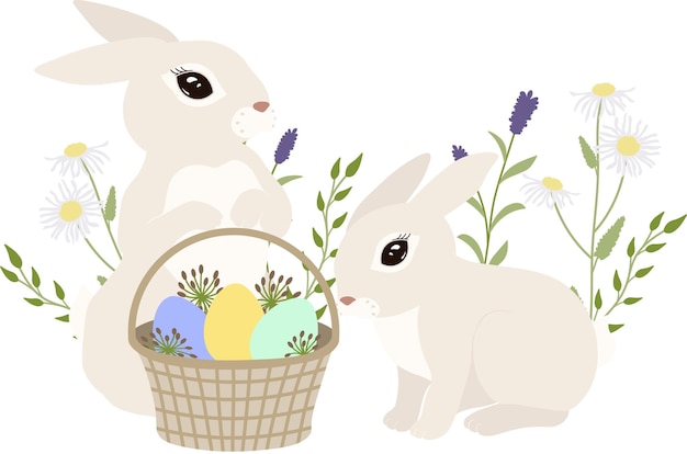 Vector illustrations of watercolor cute bunny flowers plants and congratulations frame