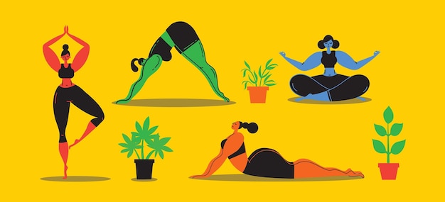 Vector vector illustrations of young women workout a young girl is engaged in yoga dance aerobics fitness the female movements and poses concept background