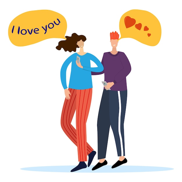 Vector illustrationTwo cute characters hold smartphones and exchange love messages