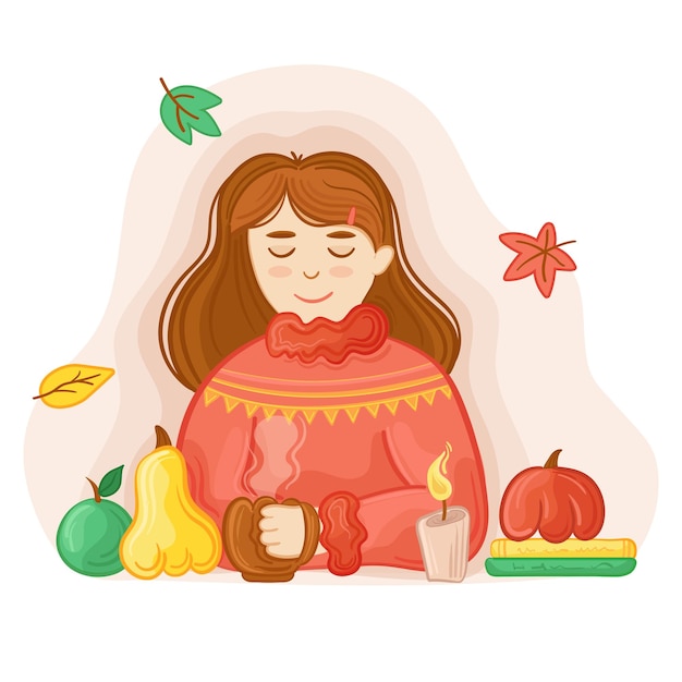 Vector illustrtion meisje geniet van de herfst met warme kop thee in de buurt van pompoenen en herfstbladeren, kaarsen.