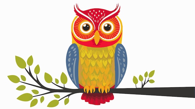 Vector vector ilustration of brightly colored owl sitting on a branch with a white background