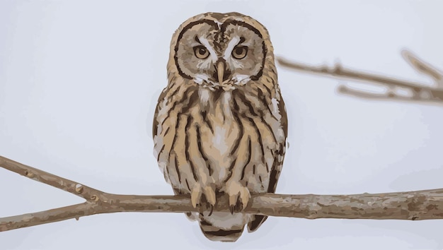 Vector vector ilustration of brightly colored owl sitting on a branch with a white background