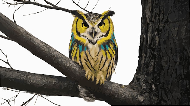 vector ilustration of brightly colored owl sitting on a branch with a white background